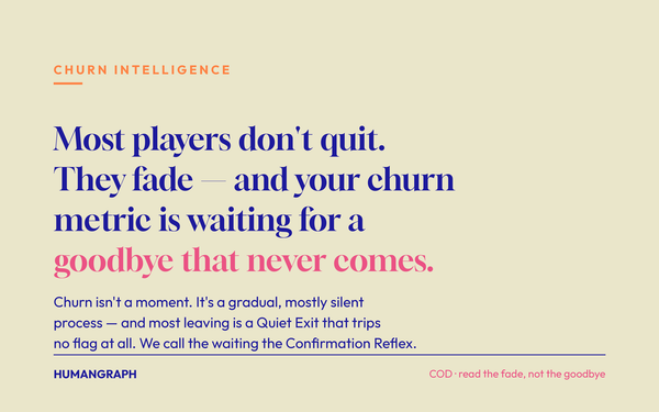 Pearl-toned title card reading Most players don't quit, they fade, and your churn metric is waiting for a goodbye that never comes, under a Churn Intelligence label.